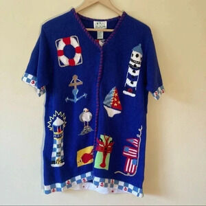 Vintage embroidered coastal  sweater ocean theme